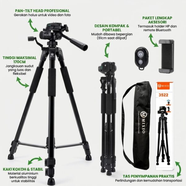 MIXIO 3522 Tripod 170CM — Tripod HP & Kamera Profesional Terbaik