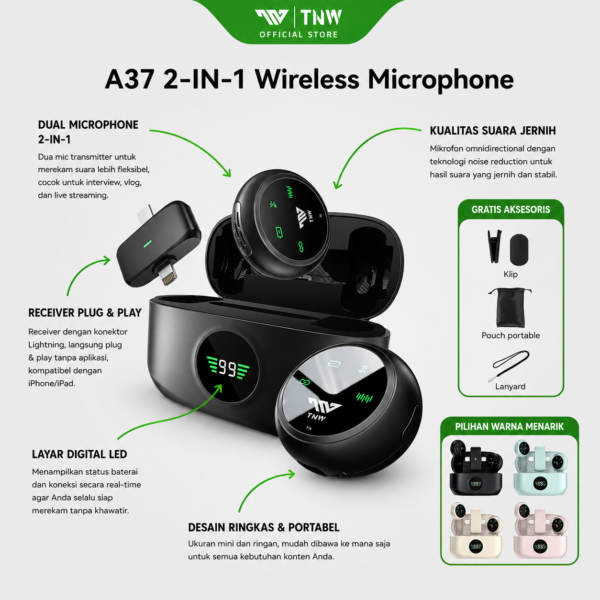 TNW A37 Wireless Microphone — Mic Lavalier Dual untuk Live Streaming