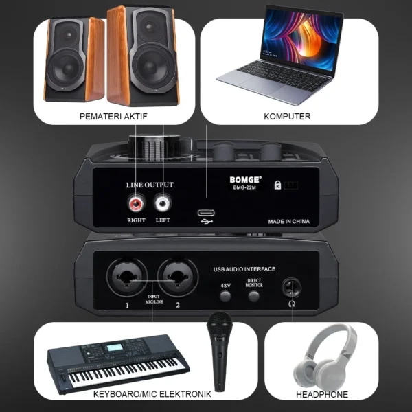 BOMGE Mini 2 Channel USB Audio Interface — Recording & Podcast Profesional